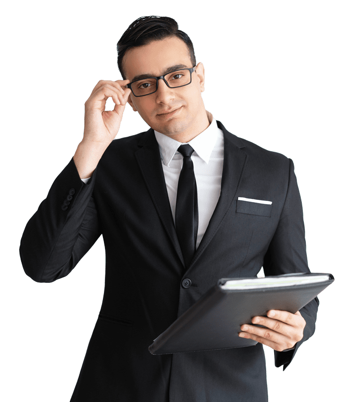serious handsome young businessman adjusting glasses holding folder