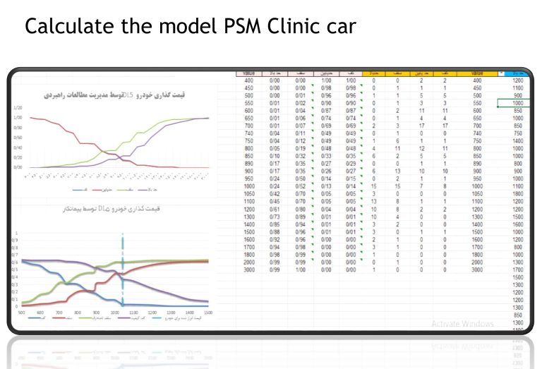 Work sample: Calculating the PSM model for a car clinic, with charts and data tables