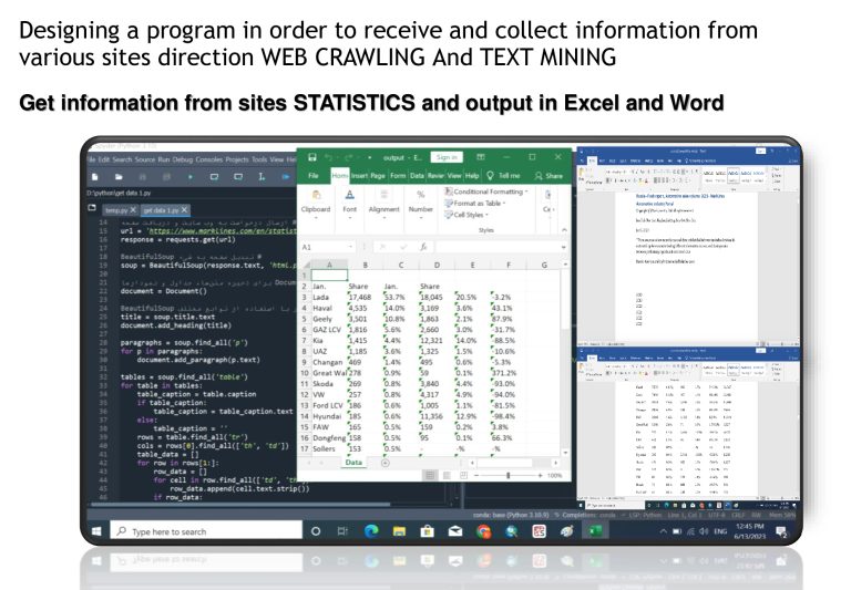 Work sample: Program that collects information from various websites (web crawling and text mining) and exports statistics to Excel and Word