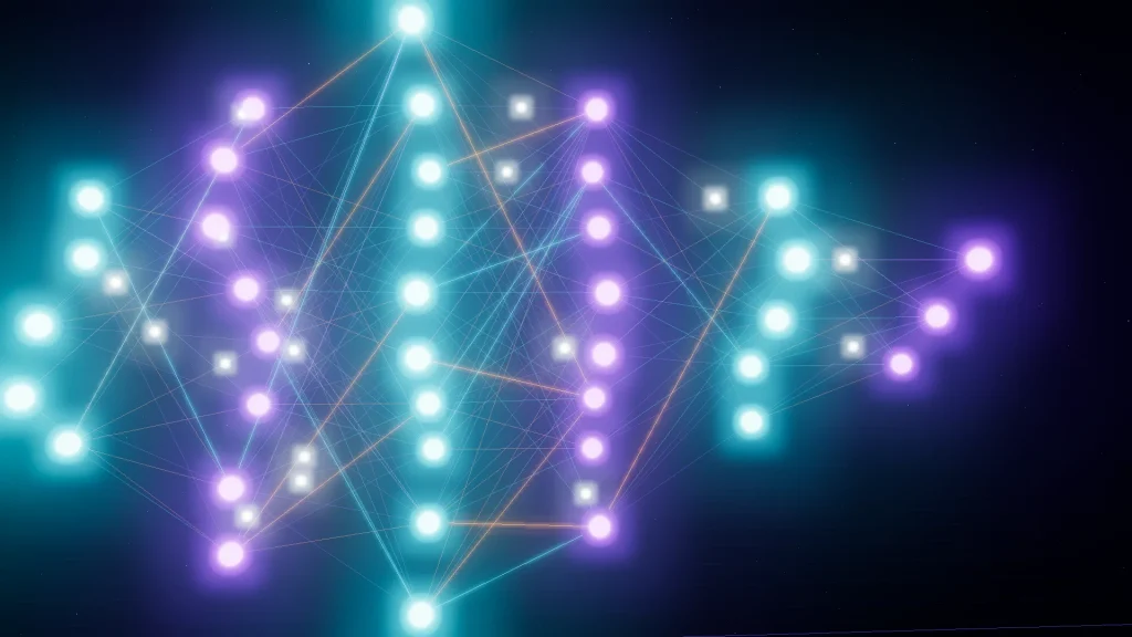 3D render of a glowing multi-layer neural network with cyan and violet nodes connected by light threads