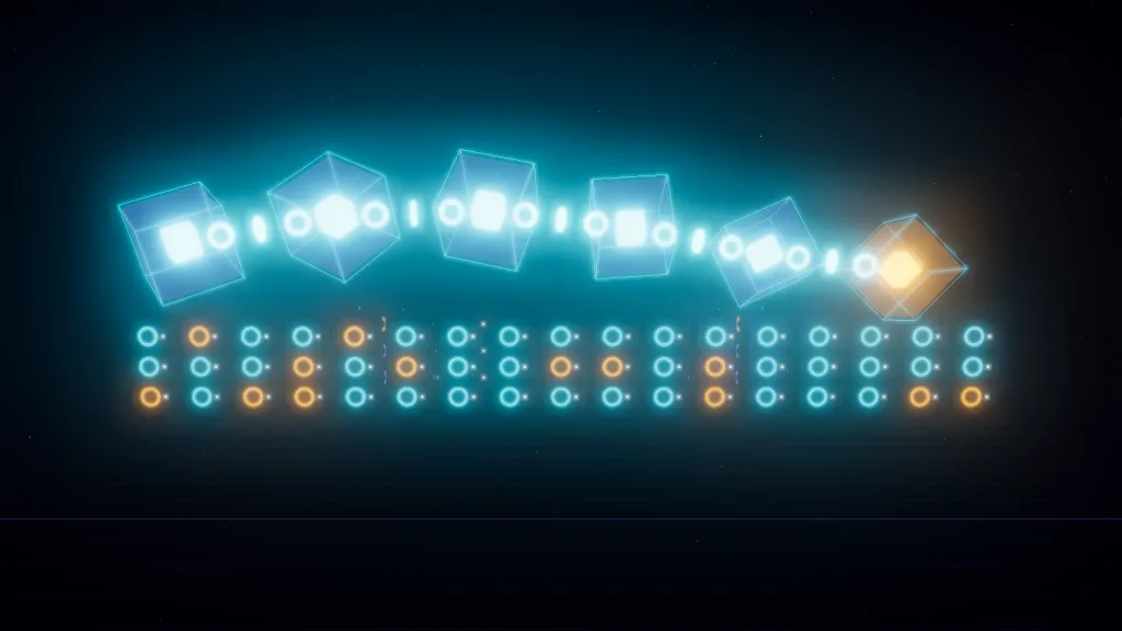 3D render of a chain of glowing translucent blocks above rows of illuminated crypto mining rigs