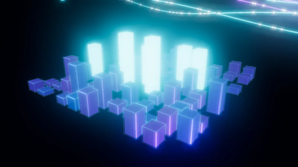 3D render of glowing data bar towers on a grid with luminous data streams flowing overhead