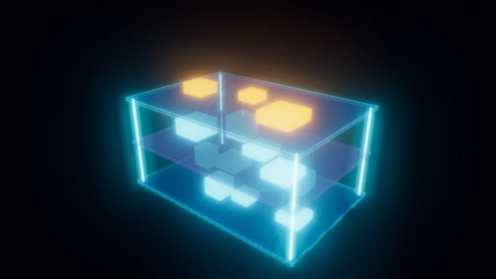 3D render of a layered enterprise architecture diagram: translucent platforms with connected glowing modules