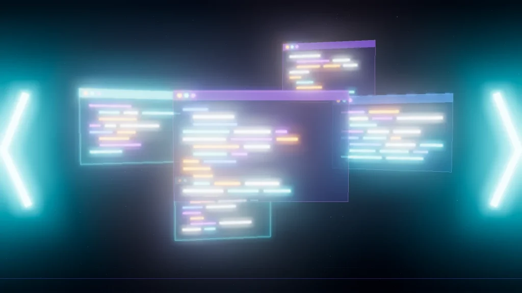 3D render of floating browser windows filled with colorful code lines between glowing angle brackets