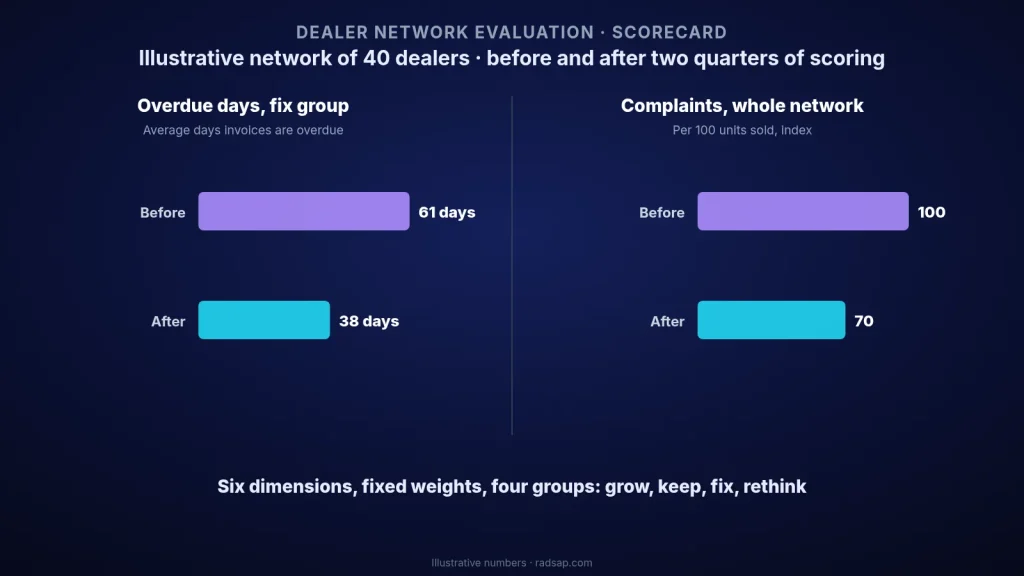 Illustrative chart of a 40-dealer network after two quarters of scorecard reviews: average overdue days in the fix group fell from 61 to 38 and the network complaint index fell from 100 to 70