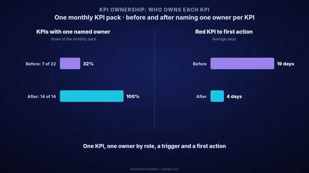 Illustrative chart of one monthly KPI pack: before, 7 of 22 KPIs (32%) had one named owner and a red KPI waited 19 days for a first action; after, all 14 KPIs had one owner and the wait was 4 days
