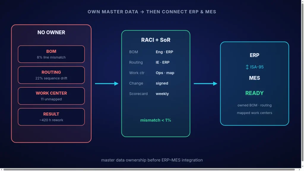 Diagram showing master data ownership (BOM, routing, work centers) before connecting ERP and MES via ISA-95