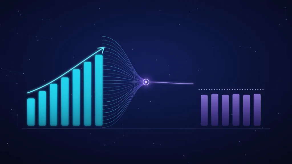 Rising cyan OEE bars funnel through one narrow bottleneck point into flat violet profit bars on a navy background