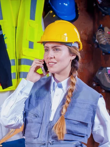 Female plant engineer in a hard hat and safety vest calling on her phone in a factory