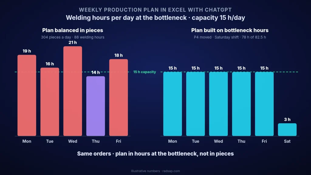Illustrative chart of welding hours per day at the bottleneck: a plan balanced in pieces needs 19, 16, 21, 14 and 18 hours from Monday to Friday against a 15-hour daily capacity (88 hours in total), while the plan built on bottleneck hours uses 15 hours Monday to Friday and 3 hours on a Saturday shift, 78 of 82.5 available hours